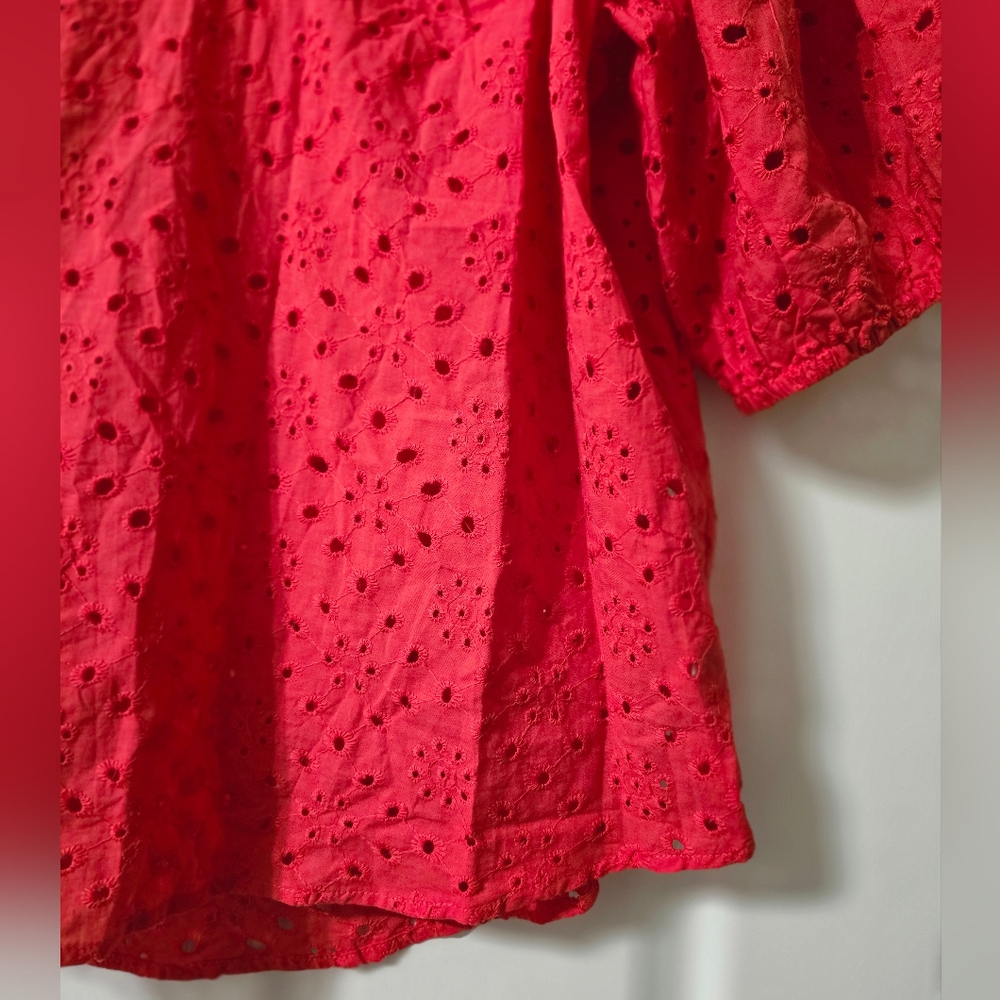 NWT Adiva Red Cotton Crochet & Eyelet Popover Blouse, Puff Sleeves, Boxy Fit. - Picture 5 of 11
